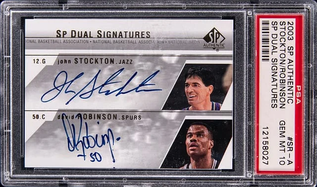 2003-04 Upper Deck SP Authentic John Stockton/David Robinson SP Dual Signatures #SR-A card image