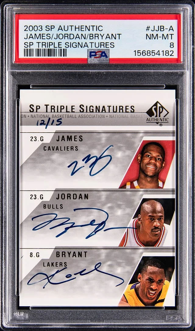 2003-04 Upper Deck SP Authentic LeBron James/Michael Jordan/Kobe Bryant Multi-Signed SP Triple Signatures #JJB-A card image