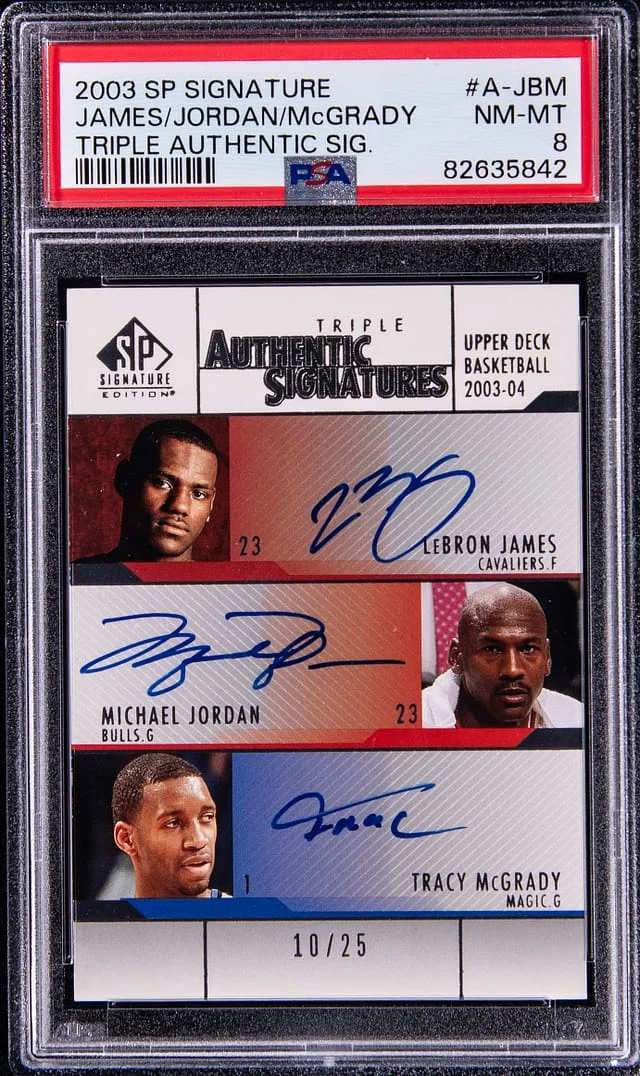 2003-04 Upper Deck SP LeBron James/Michael Jordan/Tracy McGrady Multi-Signed Signature Triple Authentic Signatures #A-JBM card image