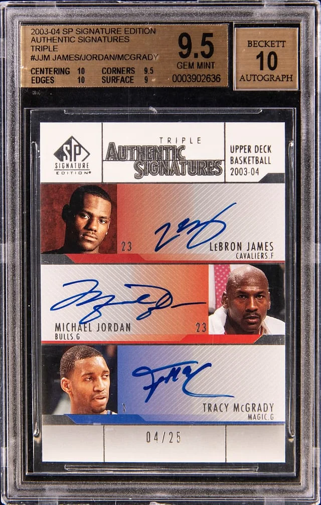 2003-04 Upper Deck SP Signature Edition LeBron James/Michael Jordan/Tracy McGrady Multi-Signed Authentic Signatures Triple #A-JBM card image