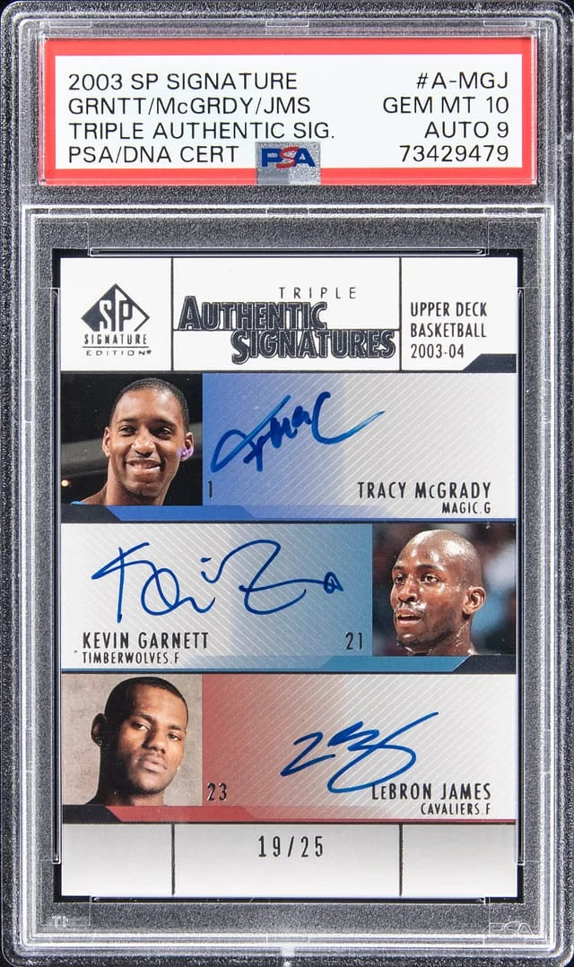2003-04 Upper Deck SP Signature Edition Tracy McGrady/Kevin Garnett/LeBron James Multi-Signed Triple Authentic Signatures #A-MGJ card image