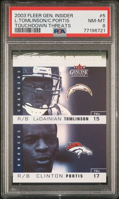 2003 Fleer Genuine Clinton Portis/Ladainian Tomlinson Insider Touchdown Threats #5 card image