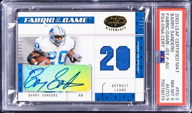 2003 Leaf Certified Barry Sanders Material Fabric of the Game Jersey Number Autograph #FG-2 card image