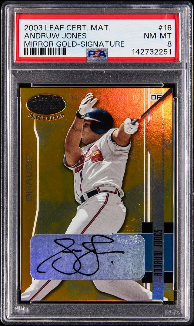 2003 Leaf Certified Materials Andruw Jones Mirror Gold Signature #16 card image