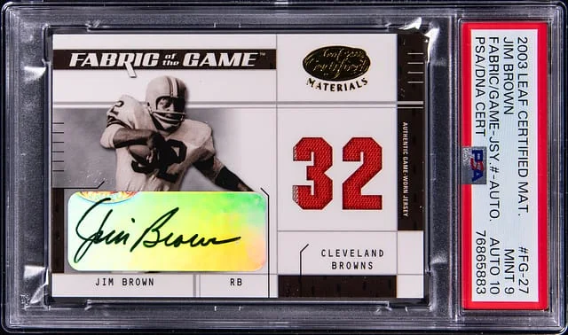 2003 Leaf Certified Materials Jim Brown Fabric Of The Game Jersey Number-Autograph #FG-27 card image