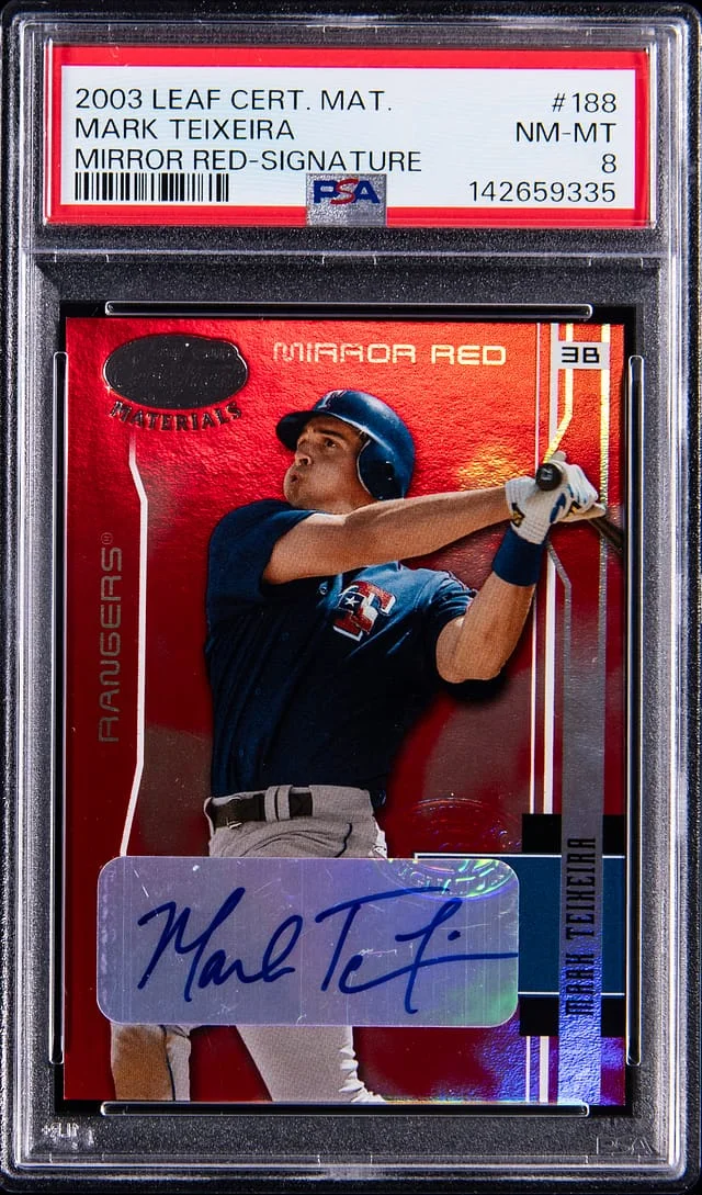 2003 Leaf Certified Materials Mark Teixeira Mirror Red Signature #188 card image