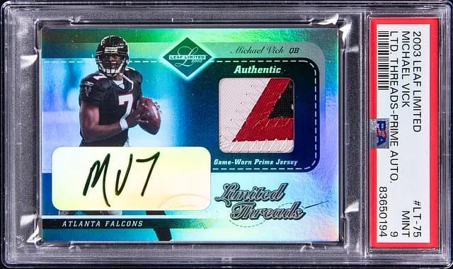 2003 Leaf Limited Michael Vick Threads Prime Autograph #LT-75 card image
