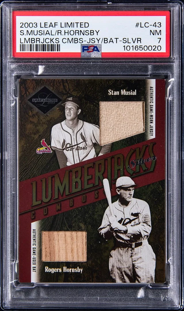 2003 Leaf Limited Stan Musial/Rogers Hornsby Game-Used Lumberjacks Combos Jersey/Bat Silver #LC-43 card image