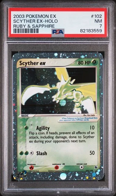 2003 Pokemon Ex Ruby & Sapphire Scyther Ex-Holo #102 card image