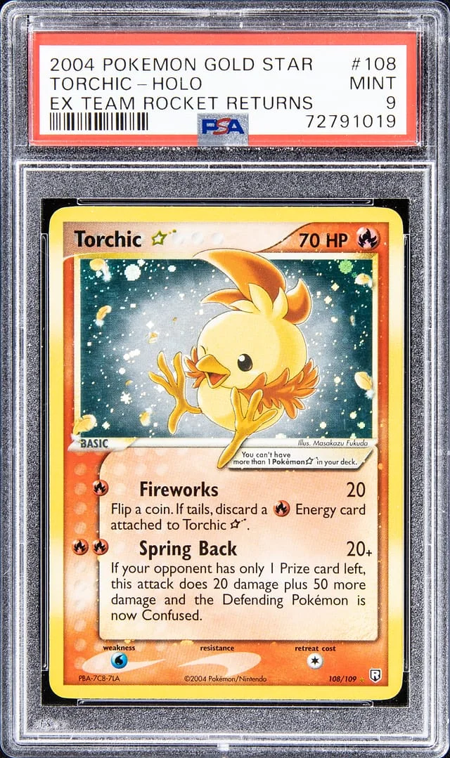 2003 Pokemon Gold Star EX Team Rocket Returns Rare Holofoil Torchic #108 card image