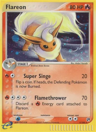 2003 Sandstorm Flareon #005/100 Rare Holo card image