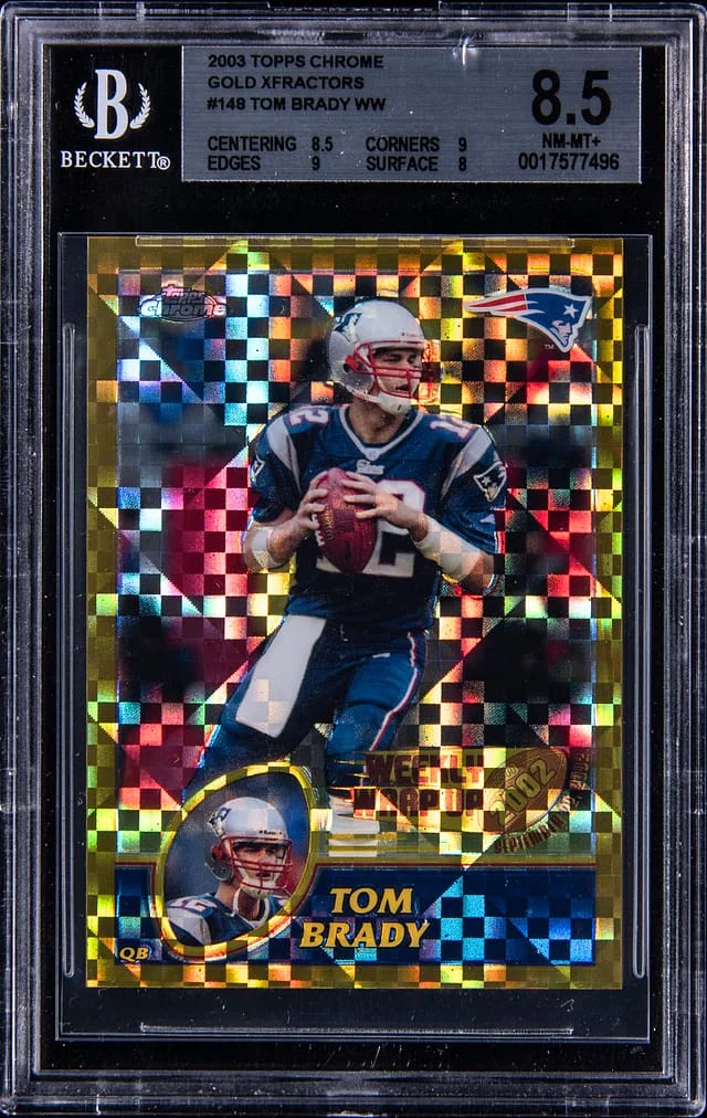 2003 Topps Chrome Tom Brady Weekly Wrap Up Gold X-Factor #148 card image