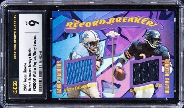 2003 Topps Chrome Walter Payton, Barry Sanders Dual Record Breakers Jersey Duals #RDR-SP card image