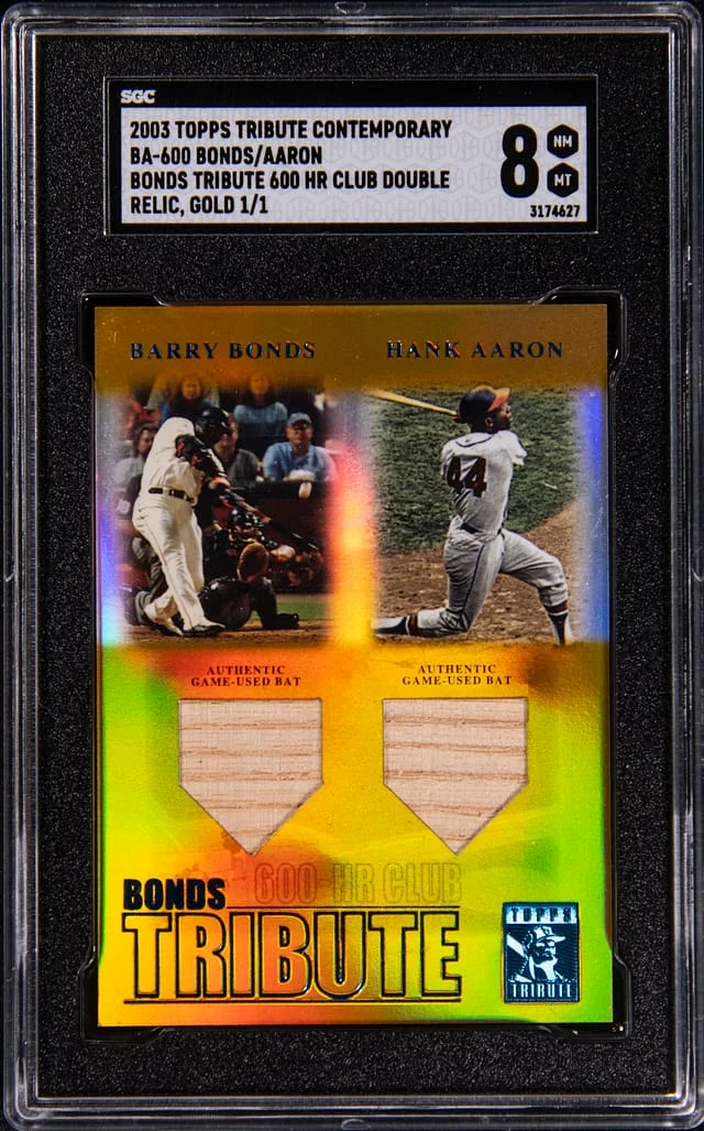 2003 Topps Tribute Barry Bonds/Hank Aaron Contemporary Bonds Tribute 600 HR Club Double Relic Gold #BA-600 card image