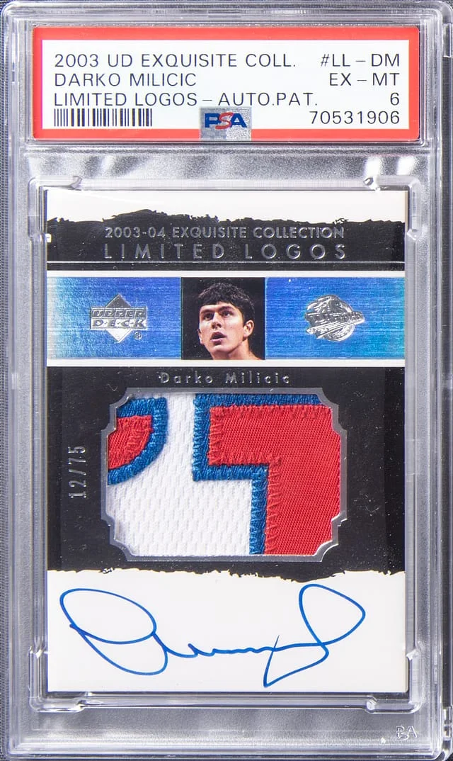 2003 UD Exquisite Collection Limited Logos- Autograph Patch Darko Milicic Limited Logos #LL-DM card image