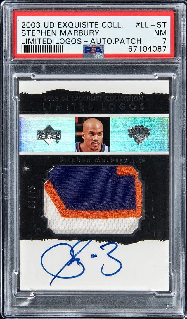 2003 Upper Deck Exquisite Collection Stephen Marbury Limited Logos Autograph Patch #LL-ST card image
