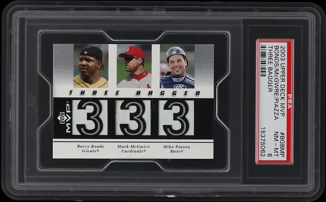 2003 Upper Deck MVP Barry Bonds/Mark McGwire/Mike Piazza Three Bagger #BGBMP card image