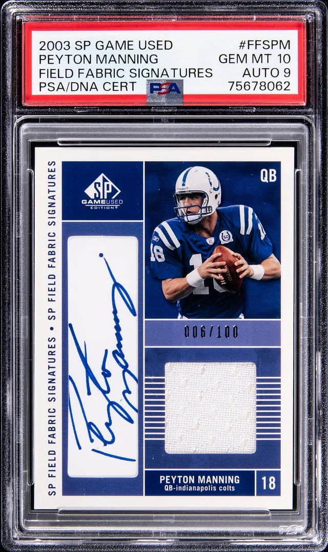 2003 Upper Deck SP Game Used Peyton Manning Field Fabric Signatures #FFS-PM card image