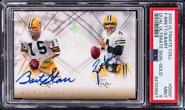 2003 Upper Deck Ultimate Collection Bart Starr/Brett Favre Dual Ultimate Signatures Gold #DSSF card image