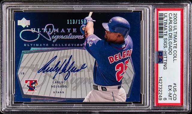2003 Upper Deck Ultimate Collection Carlos Delgado Ultimate Signatures Hitting #US-CD card image