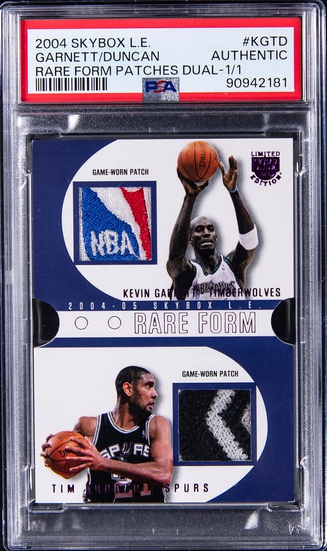 2004-05 Fleer SkyBox Kevin Garnett/Tim Duncan Limited Edition Rare Form Patches Dual #RFD-KG/TD card image