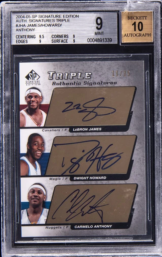 2004-05 SP Signature Edition LeBron James, Carmelo Anthony, Dwight Howard Multi-Signed Signatures Triple #JHA card image