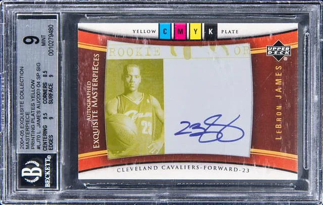 2004-05 UD Exquisite Collection Autographed Exquisite Masterpieces '03-04 SP Signature Yellow Printing Plate LeBron James #LJ70 card image