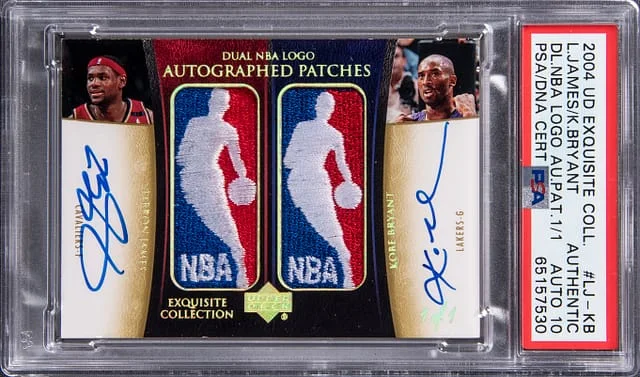 2004-05 UD Exquisite Collection Dual NBA Logo Autographed Patches LeBron James/Kobe Bryant #LJ-KB card image