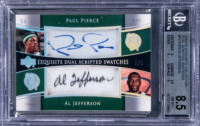 2004-05 UD Exquisite Collection Dual Scripted Swatches Paul Pierce/Al Jefferson Dual #PJ card image