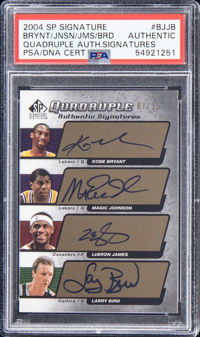 2004-05 UD SP Quadruple Authentic Signatures Kobe Bryant/Magic Johnson/LeBron James/Larry Bird Multi-Signed #AS4-BJJB card image