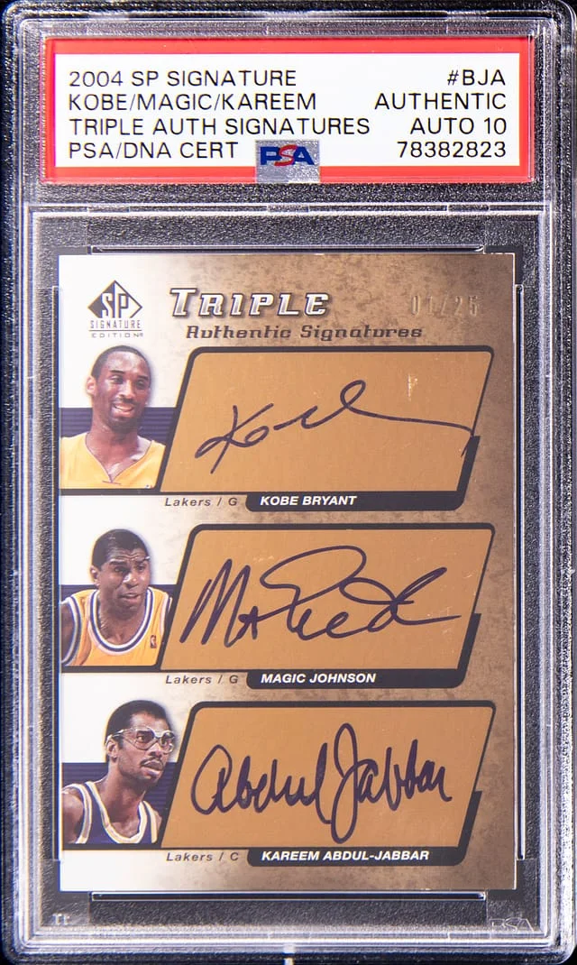 2004-05 UD SP Signature Edition Triple Authentic Signatures Kobe Bryant/Magic Johnson/Kareem Abdul-Jabbar Multi-Signed #AS3-BJA card image