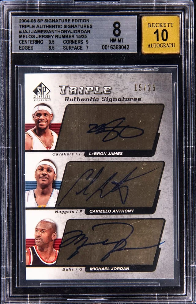 2004-05 UD SP Signature Edition Triple Authentic Signatures Michael Jordan/LeBron James/Carmelo Anthony Multi-Signed #AS3-JAJ card image