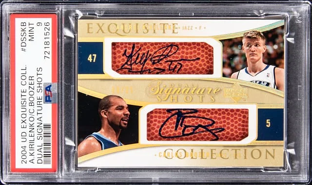 2004-05 Upper Deck Exquisite Collection Andrei Kirilenko, Carlos Boozer Dual Dual Signatures Shots #DSSKB card image