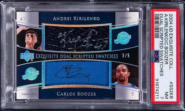 2004-05 Upper Deck Exquisite Collection Andrei Kirilenko/Carlos Boozer Dual Scripted Swatches #SS2-KB card image