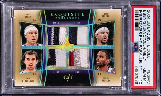2004-05 Upper Deck Exquisite Collection Bibby/Stojakovic/Miller/Mobley Game-Used Foursomes Patches Parallel #BSMM card image