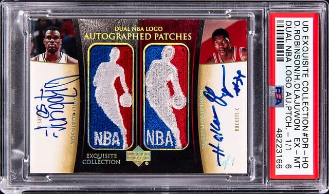 2004-05 Upper Deck Exquisite Collection David Robinson/Hakeem Olajuwon Dual NBA Logo Autograph Patches #DR-HO card image
