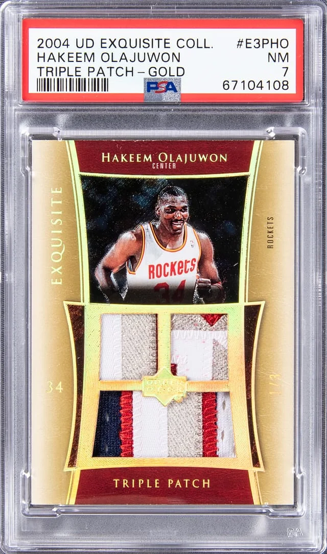2004-05 Upper Deck Exquisite Collection Hakeem Olajuwon Triple Triple Patch Gold #E3P-HO card image