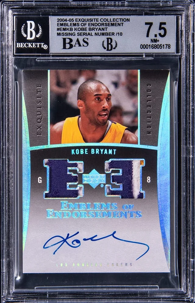 2004-05 Upper Deck Exquisite Collection Kobe Bryant, Missing Serial Number /10 Emblems of Endorsement #EM-KB card image