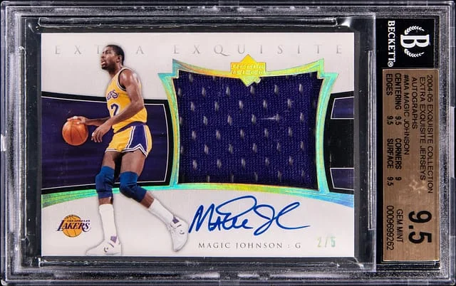 2004-05 Upper Deck Exquisite Collection Magic Johnson Extra Exquisite Jerseys Autographs #AEE-MJ card image