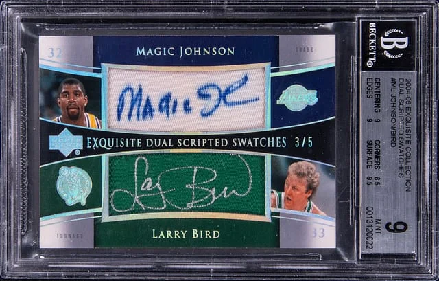 2004-05 Upper Deck Exquisite Collection Magic Johnson/Larry Bird Dual Scripted Swatches #SS2-ML card image