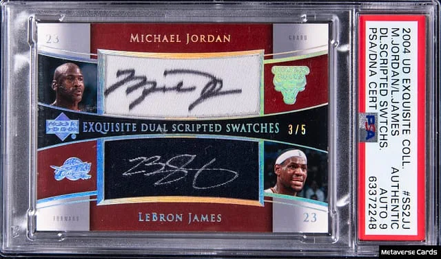 2004-05 Upper Deck Exquisite Collection Michael Jordan/LeBron James Dual Scripted Swatches #SS2-JJ card image