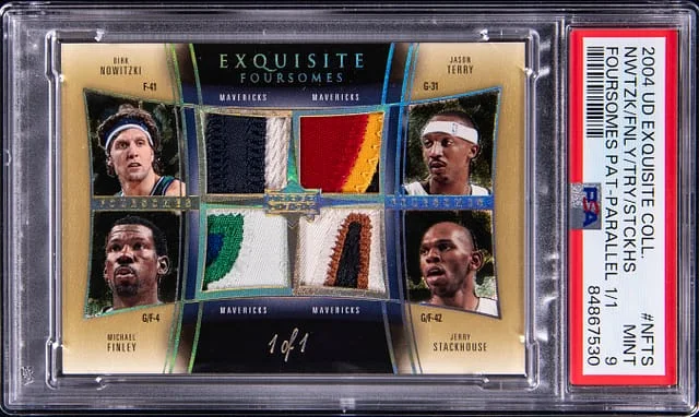 2004-05 Upper Deck Exquisite Collection Nowitzki/Finley/Terry/Stackhouse Game-Used Foursome Patches Parallel #NFTS card image