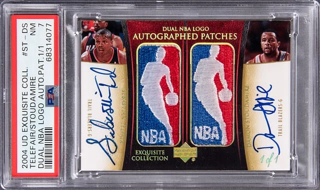 2004-05 Upper Deck Exquisite Collection Sebastian Telfair/Damon Stoudamire Dual NBA Logo Autograph Patches #ST-DS card image
