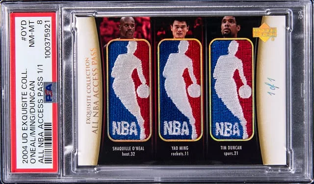 2004-05 Upper Deck Exquisite Collection Shaquille O'Neal/Yao Ming/Tim Duncan Game-Used Logoman All-NBA Access Pass #OYD card image