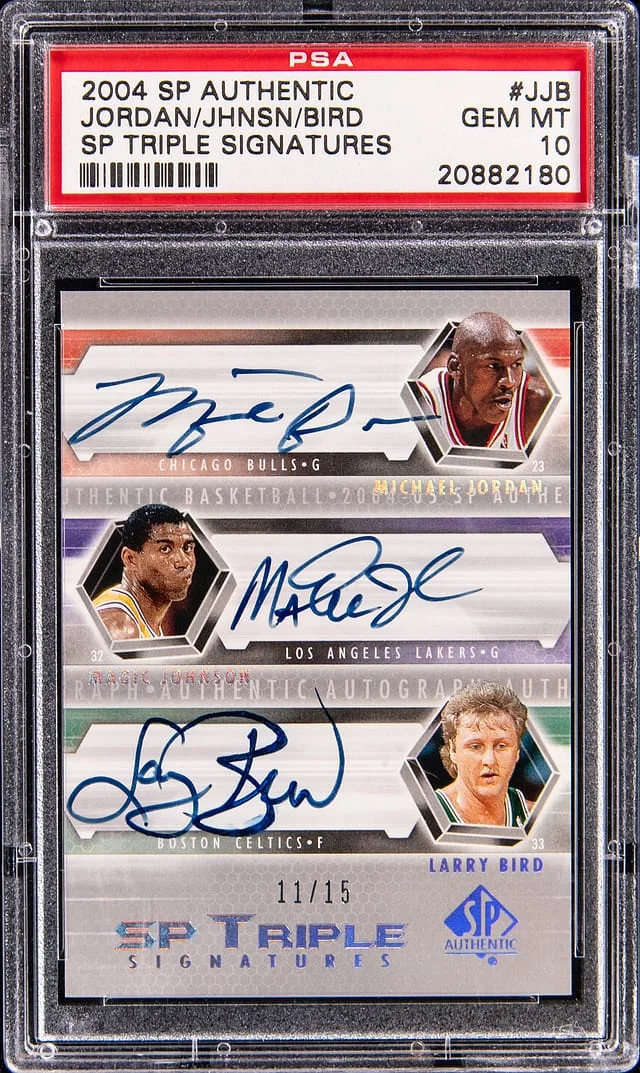 2004-05 Upper Deck SP Authentic Michael Jordan/Magic Johnson/Larry Bird Multi-Signed SP Triple Signatures #SP3-JJB card image
