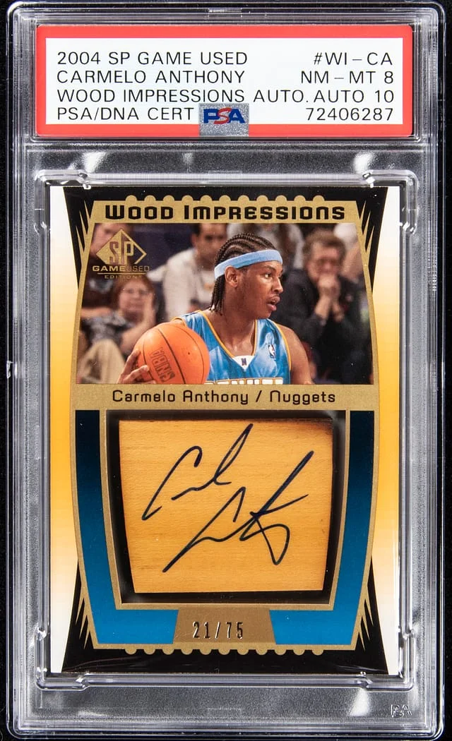 2004-05 Upper Deck SP Game Used Carmelo Anthony Wood Impressions Autograph #WI-CA card image