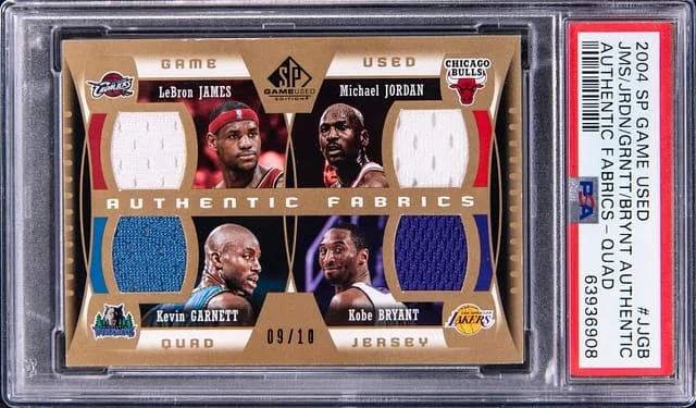 2004-05 Upper Deck SP Game Used LeBron James/Michael Jordan/Kevin Garnett/Kobe Bryant Game-Used Authentic Fabrics Quad #AF4-JJGB card image