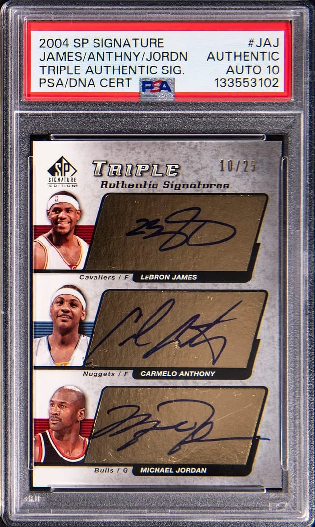 2004-05 Upper Deck SP Signature Edition LeBron James/Carmelo Anthony/Michael Jordan Multi-Signed Triple Authentic Signatures #MS3-JAJ card image