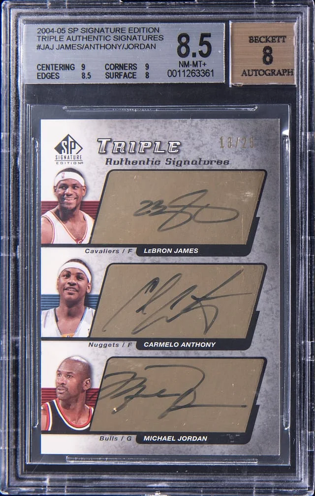 2004-05 Upper Deck SP Signature Edition LeBron James/Michael Jordan/Carmelo Anthony Multi-Signed Triple Authentic Signatures #AS3-JAJ card image