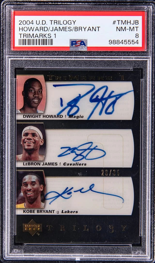 2004-05 Upper Deck Trilogy Dwight Howard/LeBron James/Kobe Bryant Multi-Signed TriMarks 1 #TM-HJB card image